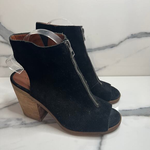 Lucky Brand | Women's Black Suede Front Zip Peep Toe Obaha Bootie Sandals Sz 8.5 - Picture 1 of 7